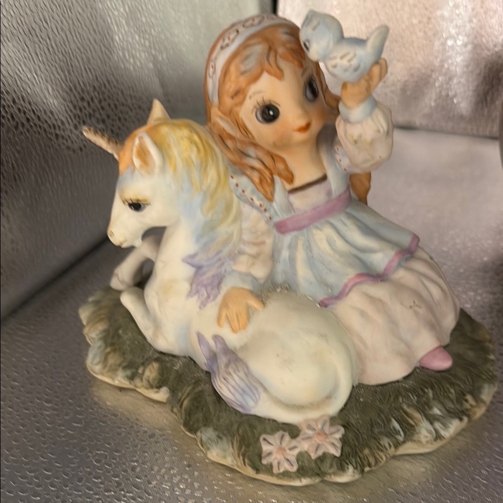 QVintage bisque porcelain Enesco girl with unicorn